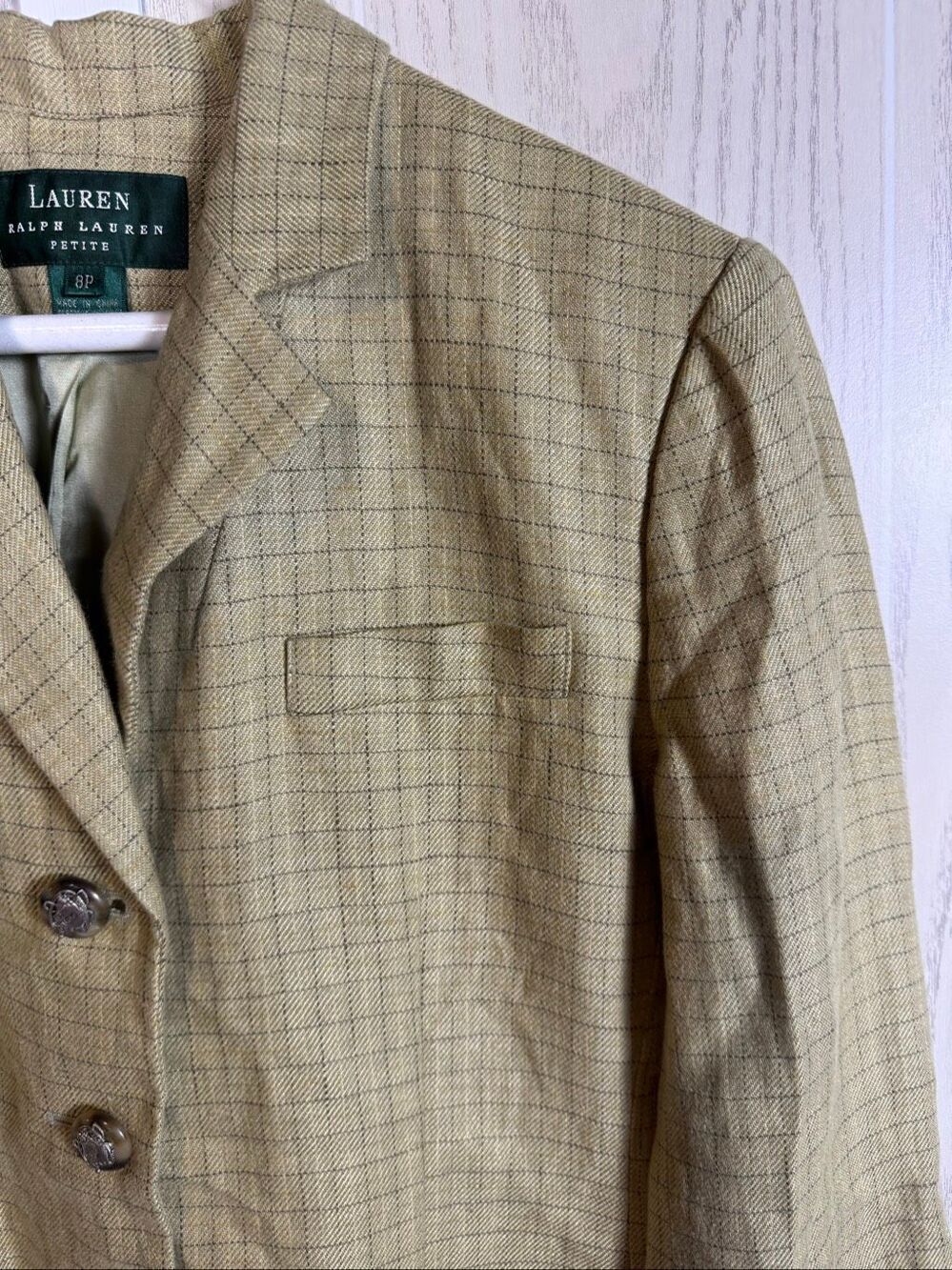 Vintage Ralph Lauren Women’s Blazer 100% Linen Size 8 Petite Tan Beige Plaid - Picture 5 of 8